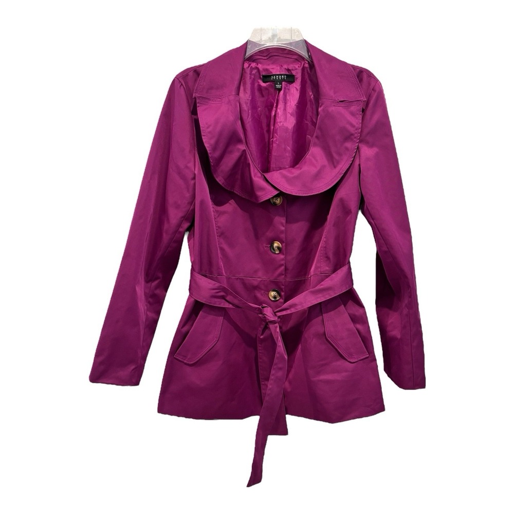 Sandro Studio Jacket Large Magenta Button Up Cowl Neck Waist Tie Dressy Coat